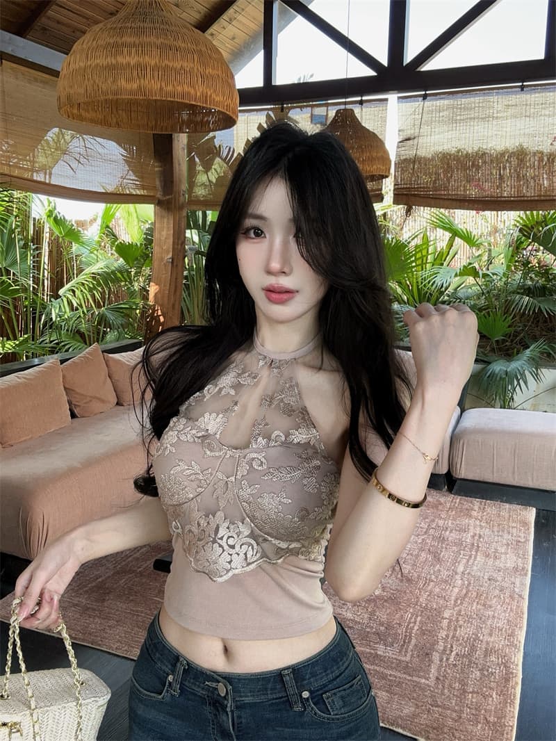 실사 정가 새로운 원본 품질 핫걸 홀로우 아웃 레이스 행침 목 캐미솔 벨트 가슴 패드 상세 이미지 3
