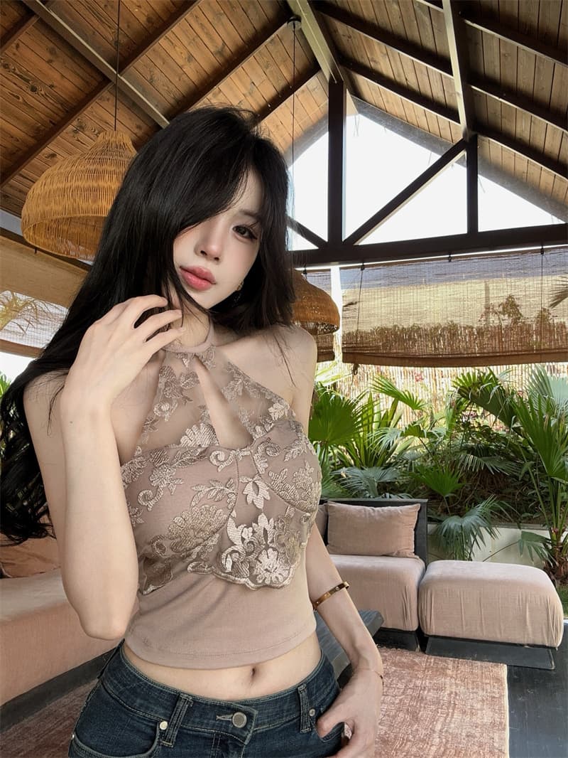 실사 정가 새로운 원본 품질 핫걸 홀로우 아웃 레이스 행침 목 캐미솔 벨트 가슴 패드 상세 이미지 5