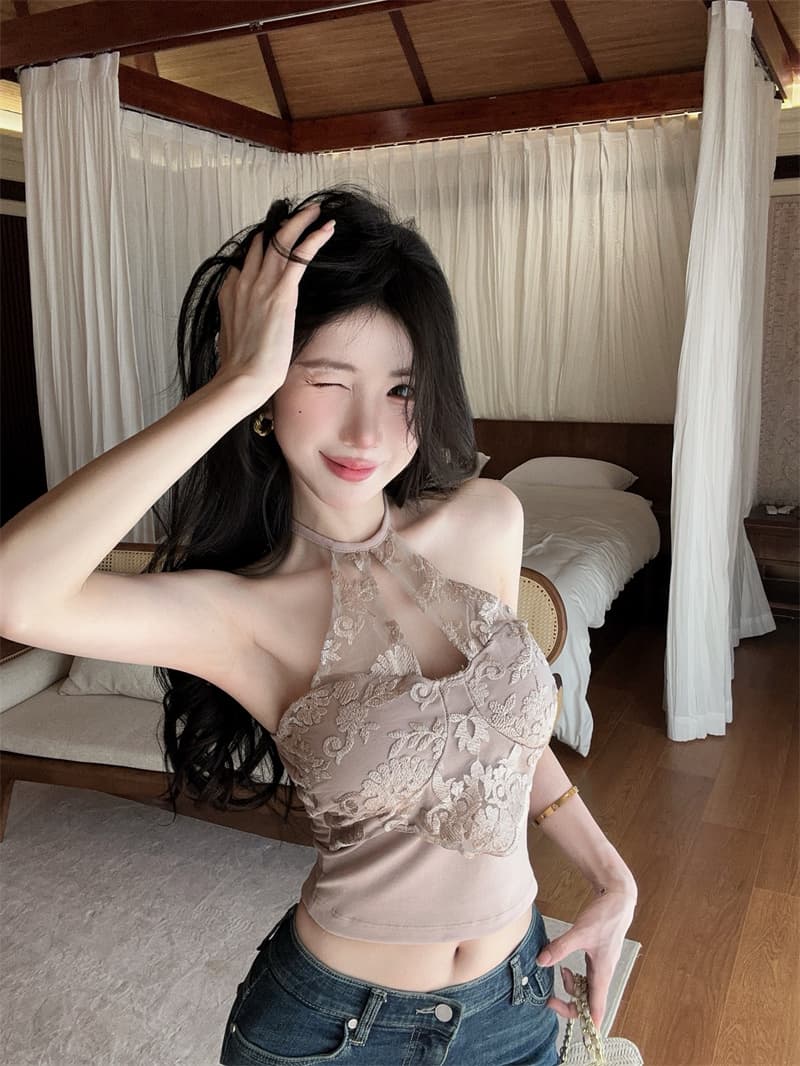 실사 정가 새로운 원본 품질 핫걸 홀로우 아웃 레이스 행침 목 캐미솔 벨트 가슴 패드 상세 이미지 6