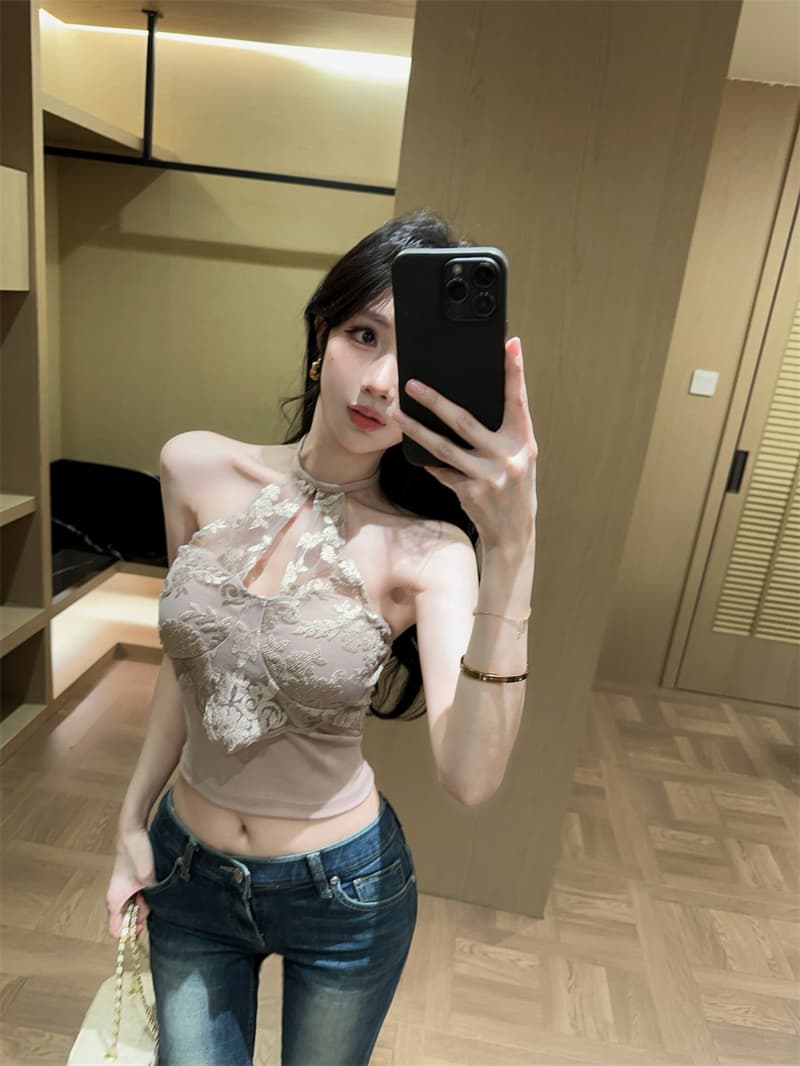실사 정가 새로운 원본 품질 핫걸 홀로우 아웃 레이스 행침 목 캐미솔 벨트 가슴 패드 상세 이미지 11