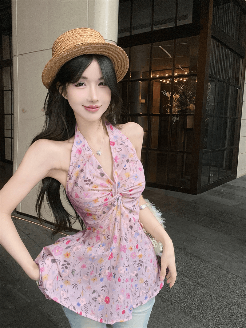 실사 정가 달콤한 매운맛 바람 꽃무늬 V넥 레이스업 허리 수축 슬림해 보이는 행침 목 조끼 여성 이미지 3