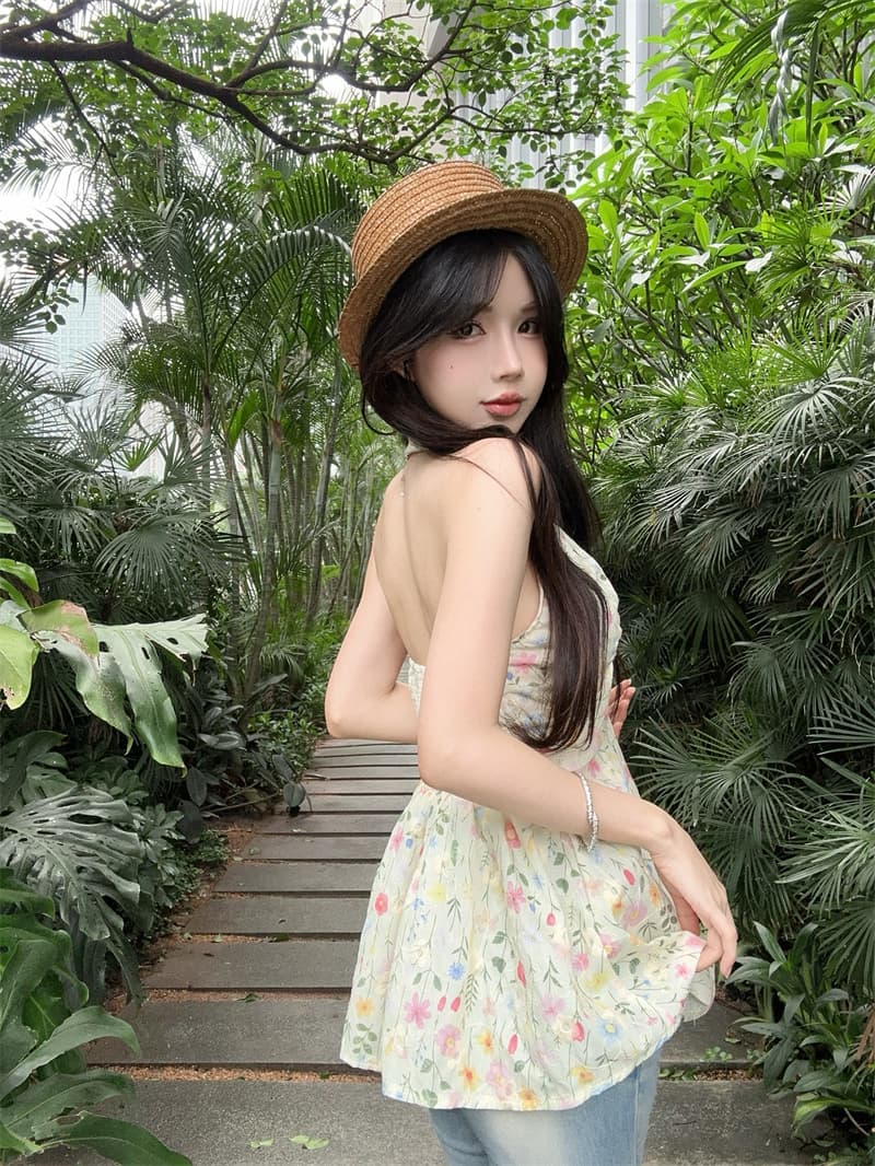 실사 정가 달콤한 매운맛 바람 꽃무늬 V넥 레이스업 허리 수축 슬림해 보이는 행침 목 조끼 여성 상세 이미지 2