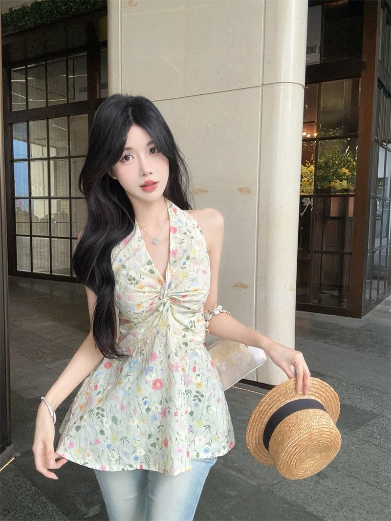 실사 정가 달콤한 매운맛 바람 꽃무늬 V넥 레이스업 허리 수축 슬림해 보이는 행침 목 조끼 여성 상세 이미지 3