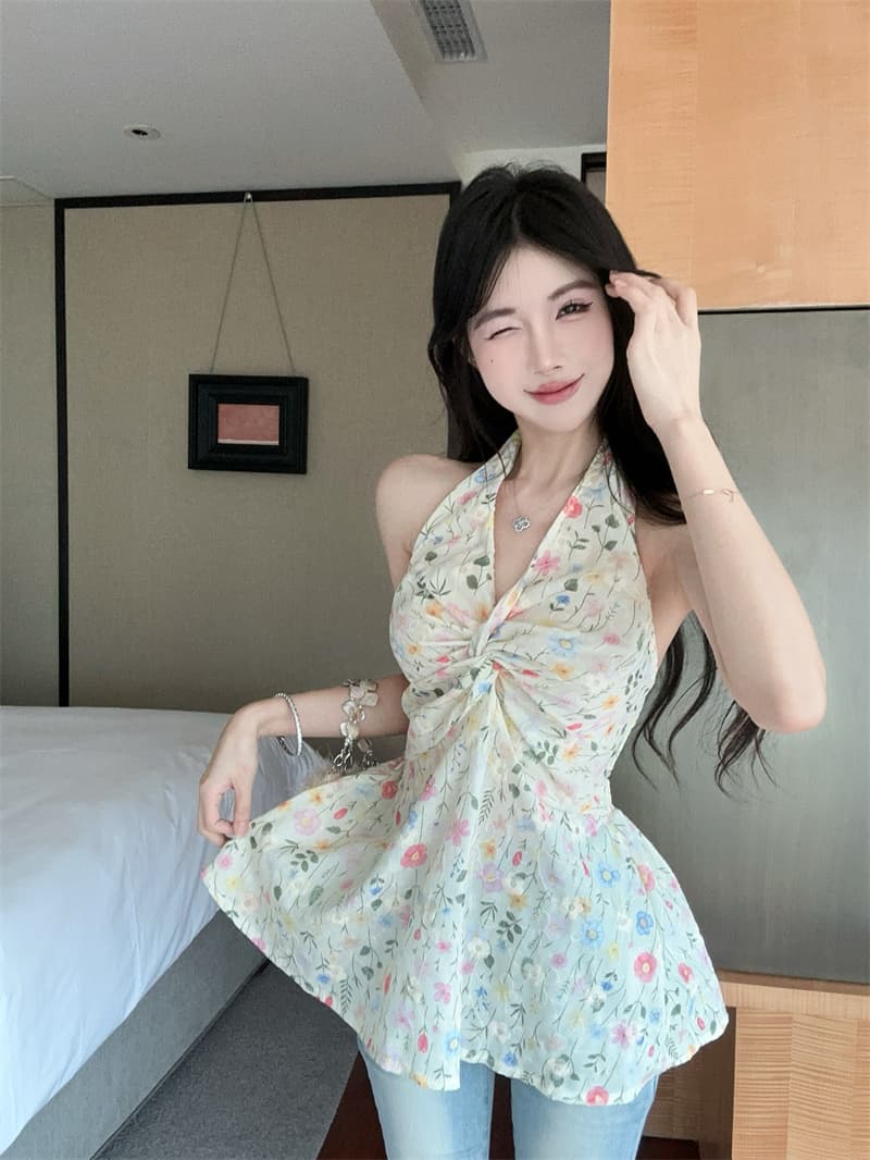 실사 정가 달콤한 매운맛 바람 꽃무늬 V넥 레이스업 허리 수축 슬림해 보이는 행침 목 조끼 여성 상세 이미지 5