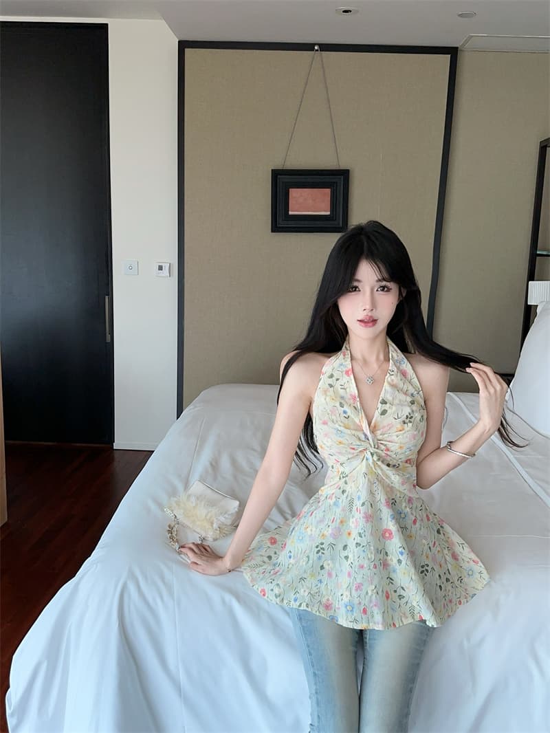 실사 정가 달콤한 매운맛 바람 꽃무늬 V넥 레이스업 허리 수축 슬림해 보이는 행침 목 조끼 여성 상세 이미지 6