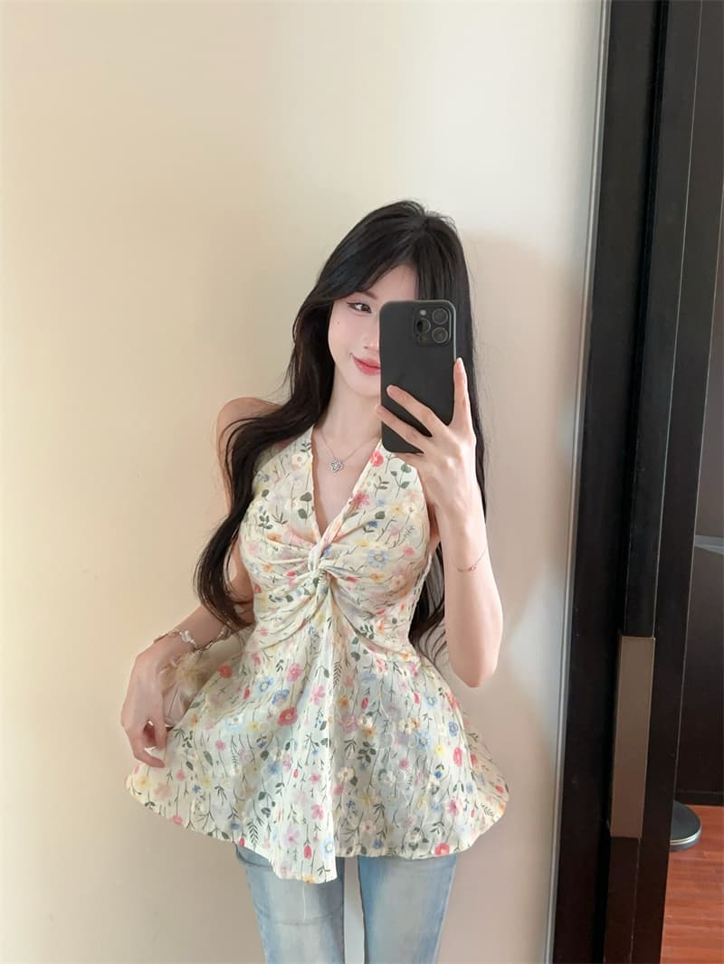 실사 정가 달콤한 매운맛 바람 꽃무늬 V넥 레이스업 허리 수축 슬림해 보이는 행침 목 조끼 여성 상세 이미지 7