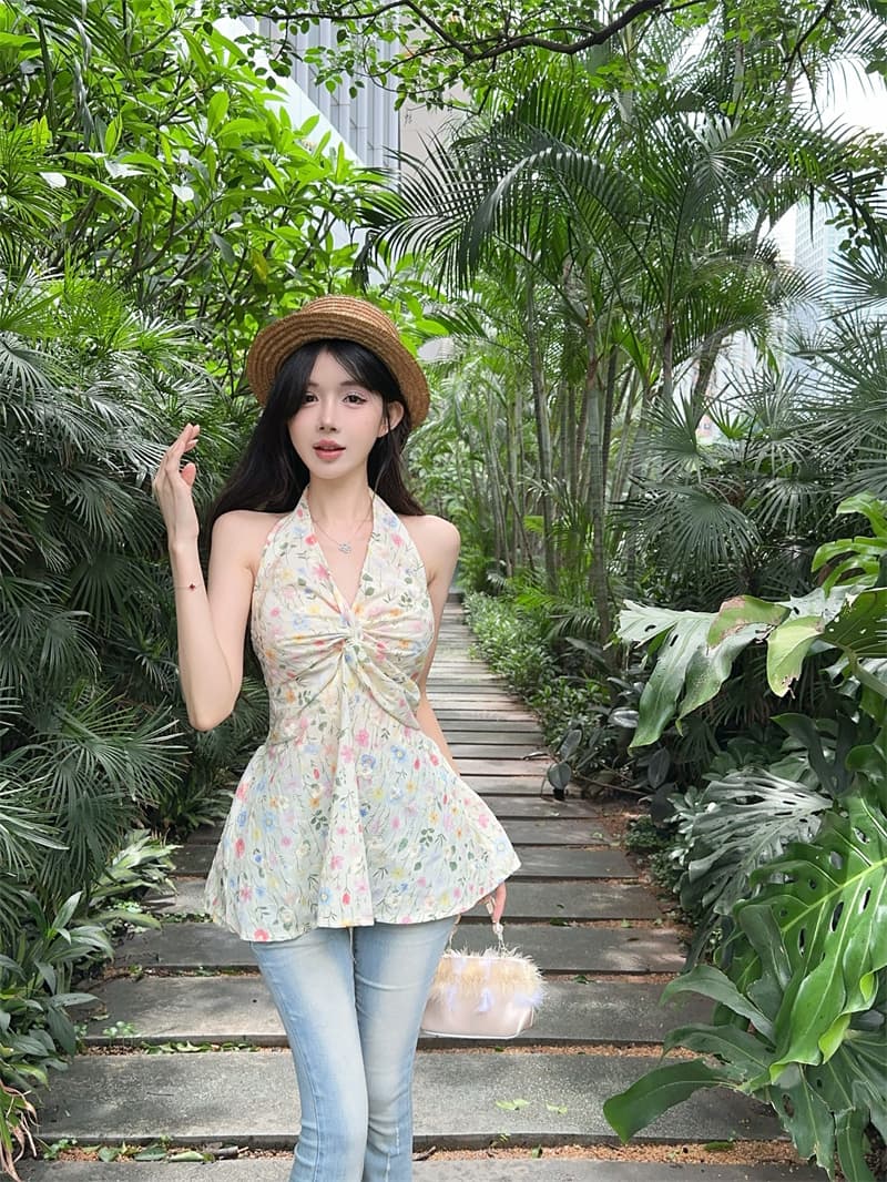 실사 정가 달콤한 매운맛 바람 꽃무늬 V넥 레이스업 허리 수축 슬림해 보이는 행침 목 조끼 여성 상세 이미지 8