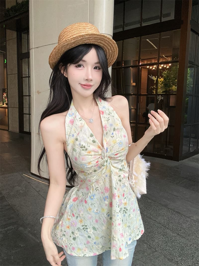 실사 정가 달콤한 매운맛 바람 꽃무늬 V넥 레이스업 허리 수축 슬림해 보이는 행침 목 조끼 여성 상세 이미지 9