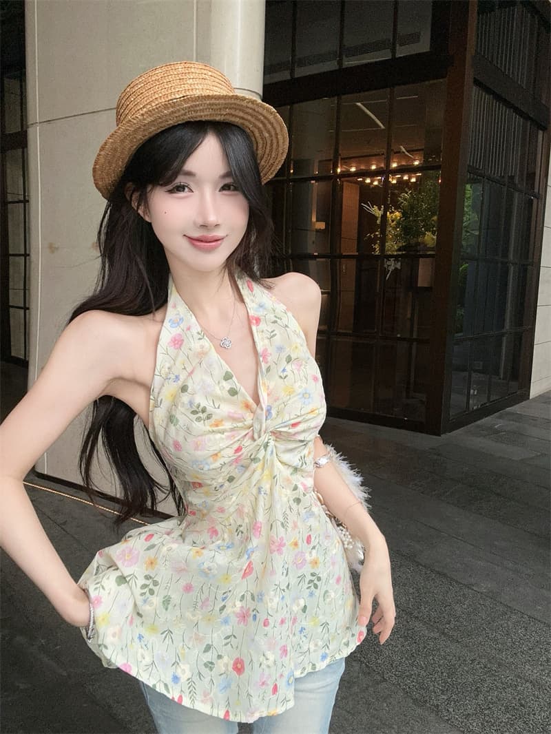 실사 정가 달콤한 매운맛 바람 꽃무늬 V넥 레이스업 허리 수축 슬림해 보이는 행침 목 조끼 여성 상세 이미지 12