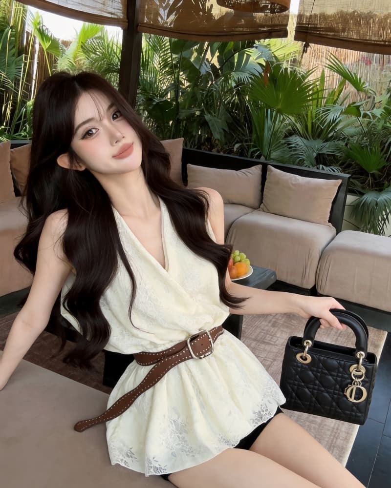 실사 새로운 순수한 욕망 섹시함 레이스 행침 목 조끼 여성 드레스 벨트 포함 상세 이미지 7