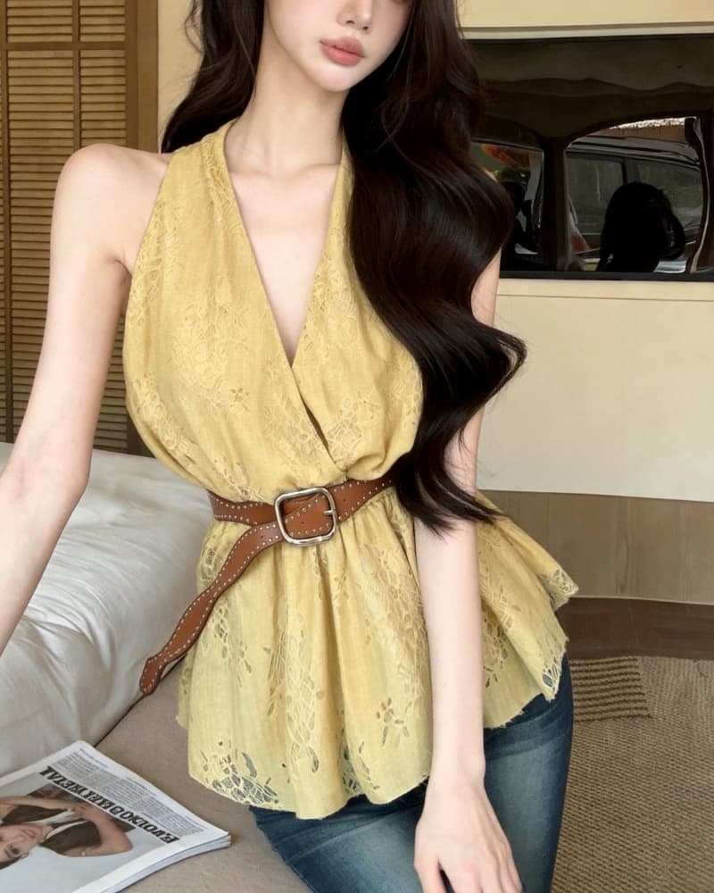 실사 새로운 순수한 욕망 섹시함 레이스 행침 목 조끼 여성 드레스 벨트 포함 상세 이미지 18