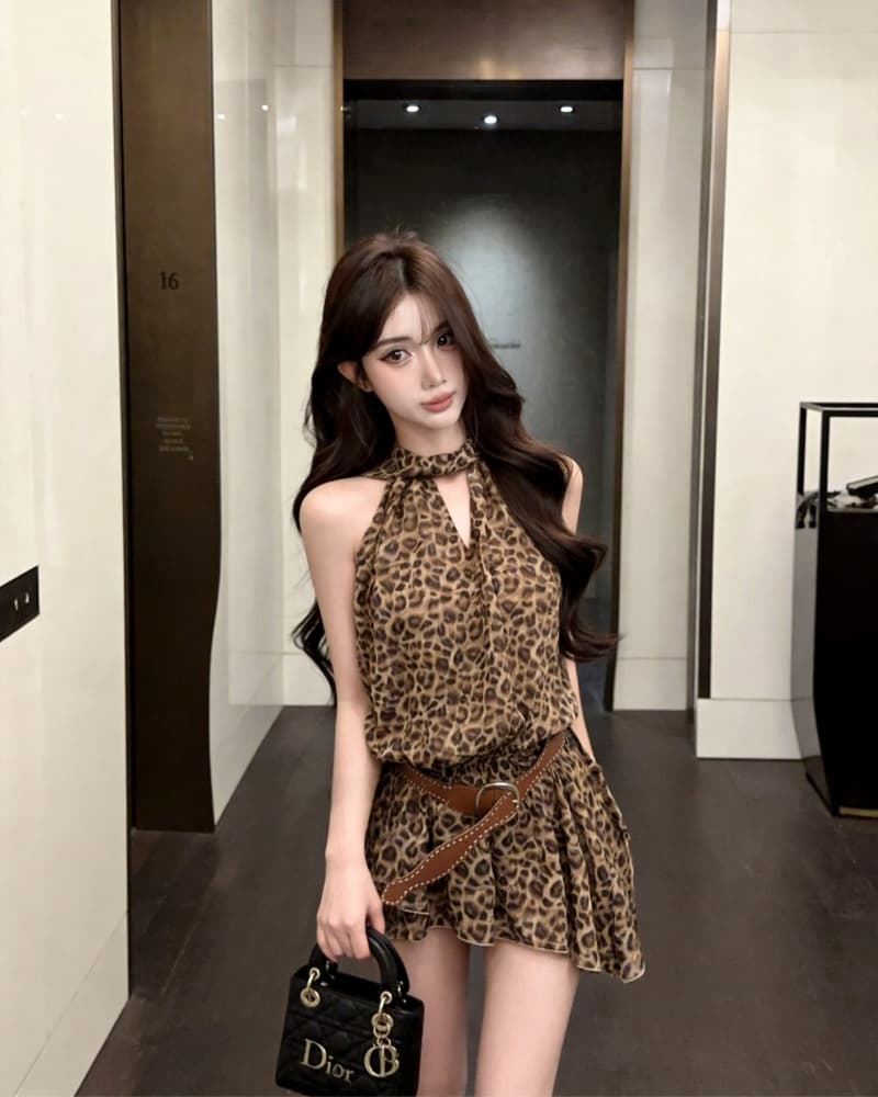 실사 새로운 핫걸 레오파드 무늬 행침 목 레이스업 시폰 셔츠 여성 벨트 포함 상세 이미지 18