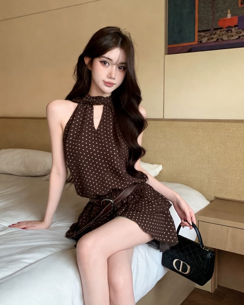 실사 새로운 품격 도트 무늬 민소매 행침 목 레이스업 시폰 셔츠 여성 벨트 포함 상세 이미지 25