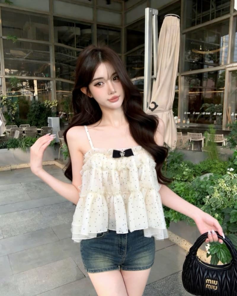 실사 새로운 소녀 센스 슬림해 보이는 나비 매듭 다중 레이어 레이스 도트 무늬 캐미솔 상세 이미지 1