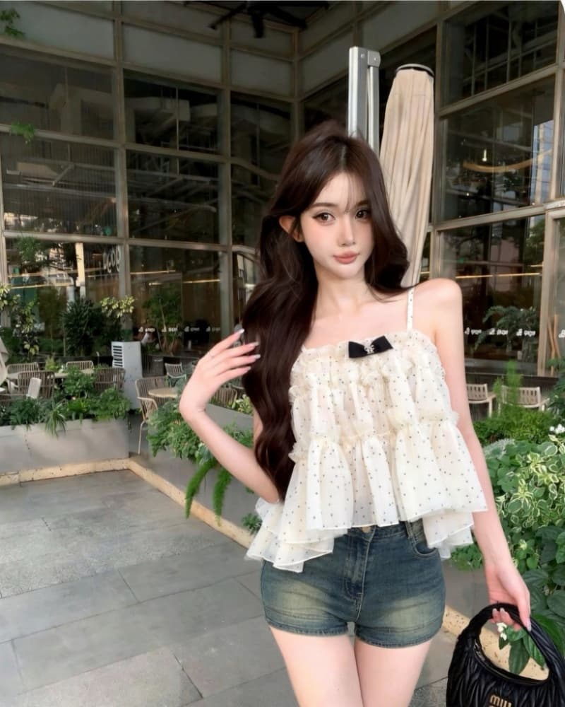 실사 새로운 소녀 센스 슬림해 보이는 나비 매듭 다중 레이어 레이스 도트 무늬 캐미솔 상세 이미지 9