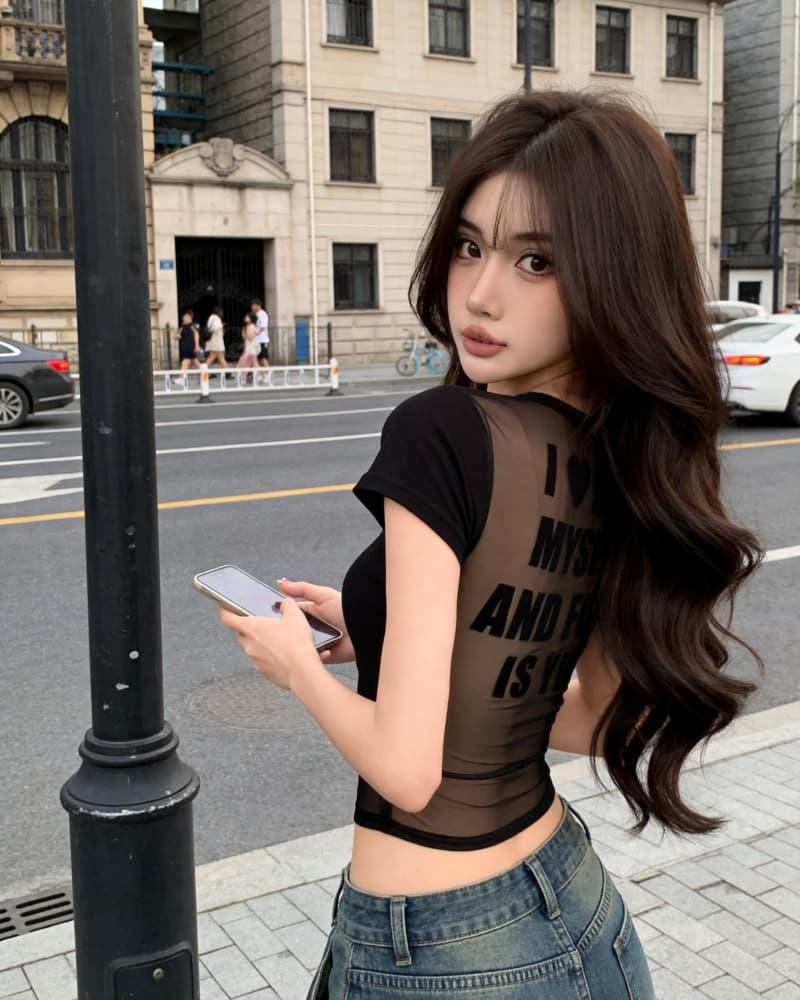 실사 새로운 섹시함 뒤로 ~을 통해 센스 망사 패치워크 식물 플러시 프린트 순면 반팔 티셔츠 여성 벨트 가슴 패드 이미지 3