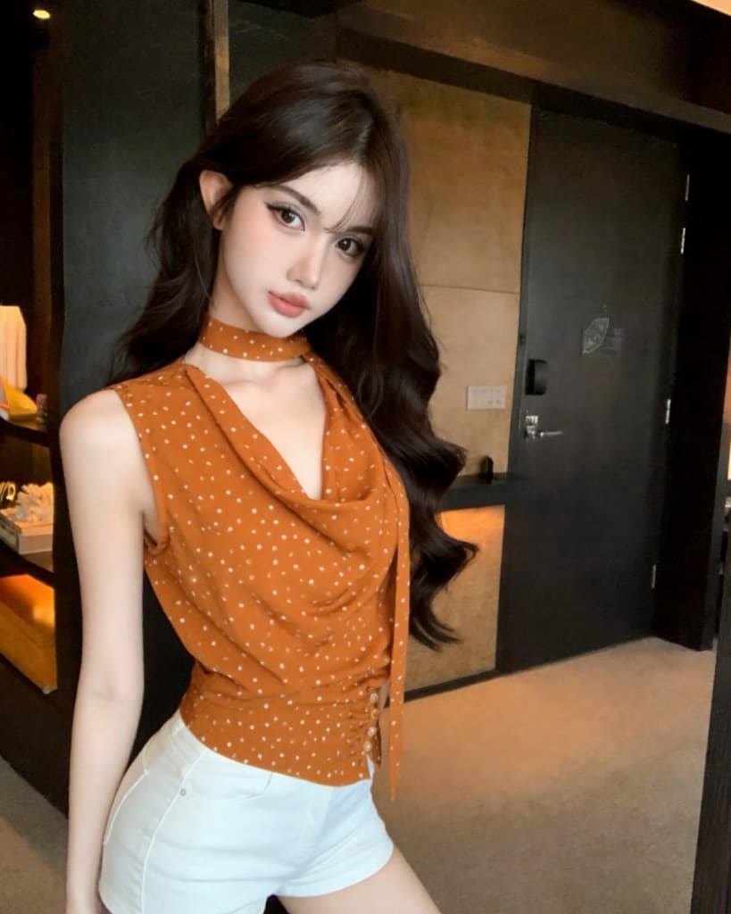 실사 새로운 슈퍼 잘 생긴 도트 무늬 행침 목 리본 흔들다 칼라 민소매 조끼 여성 이미지 2