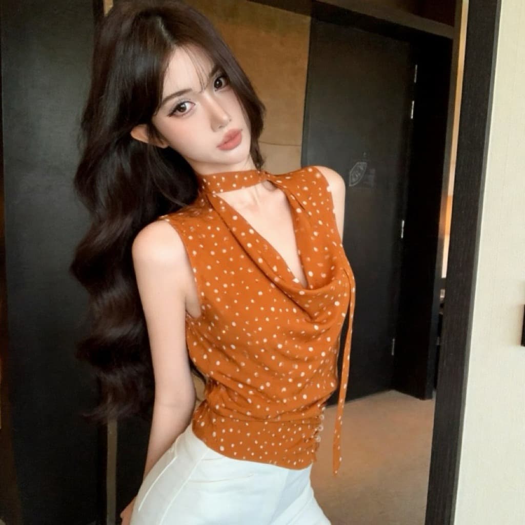 실사 새로운 연령 감소 화이트 도트 무늬 행침 목 리본 흔들다 칼라 민소매 조끼 여성 이미지 6
