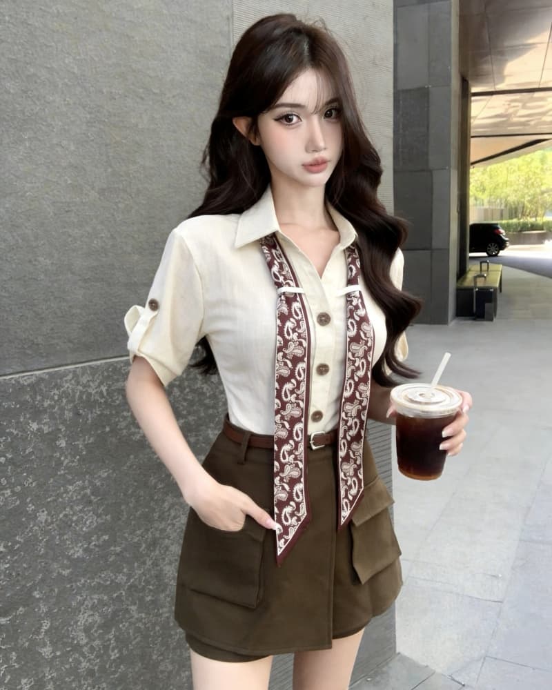 실사 새로운 오래된 돈 바람 폴로 칼라 스카프 셔츠 코디 하이웨이스트 워크웨어 반바지 치마 세트 여성 이미지 3