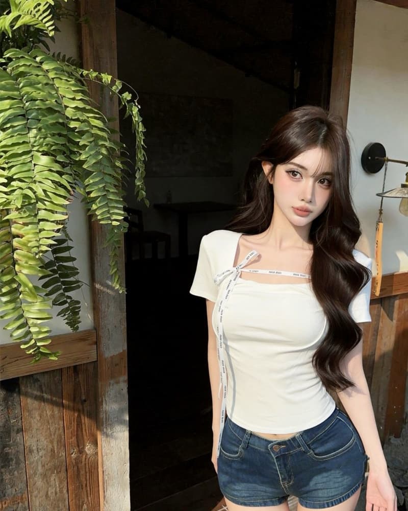 실사 새로운 아름다운 아름다운 광장 칼라 알파벳 프린트 레이스업 반팔 순면 티셔츠 여성 벨트 가슴 패드 상세 이미지 9