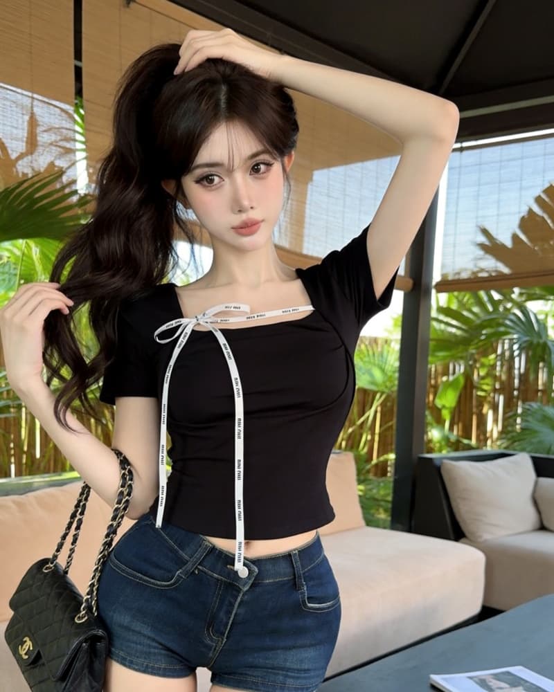 실사 새로운 아름다운 아름다운 광장 칼라 알파벳 프린트 레이스업 반팔 순면 티셔츠 여성 벨트 가슴 패드 상세 이미지 11