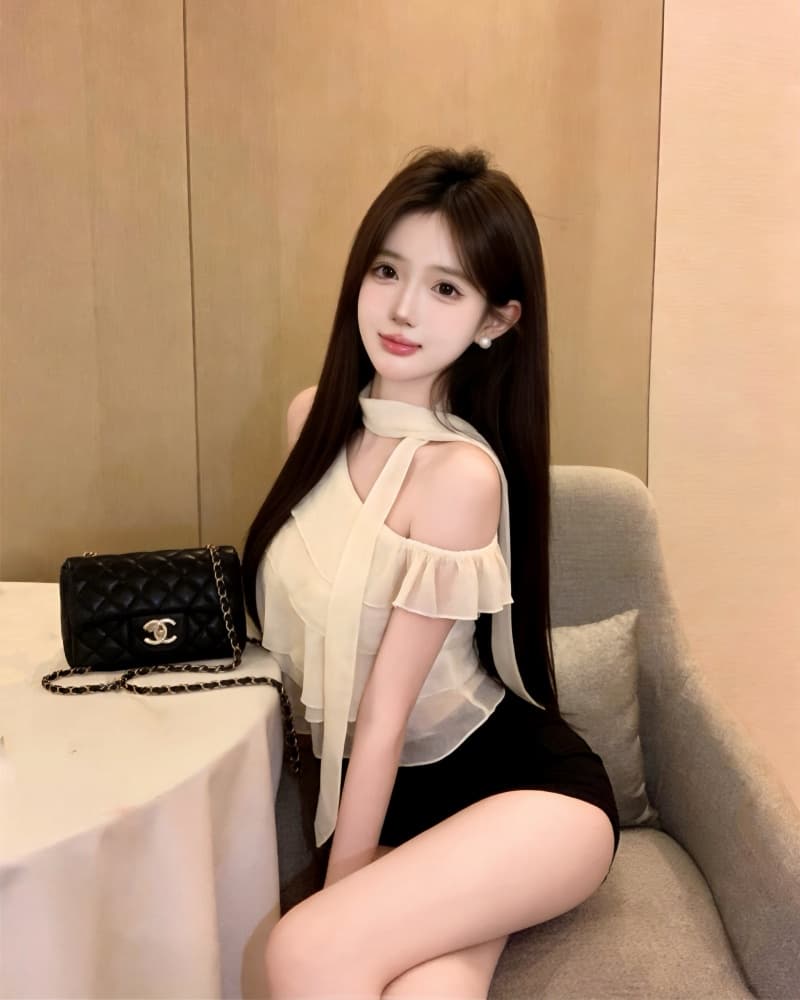 실사 새로운 부드러운 살구 색상 프릴 비스듬한 어깨 쉬폰 톱 여성 경기 리본 상세 이미지 3