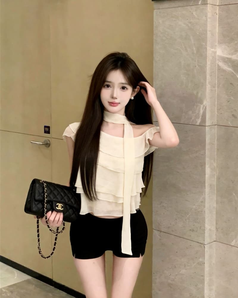 실사 새로운 부드러운 살구 색상 프릴 비스듬한 어깨 쉬폰 톱 여성 경기 리본 상세 이미지 10