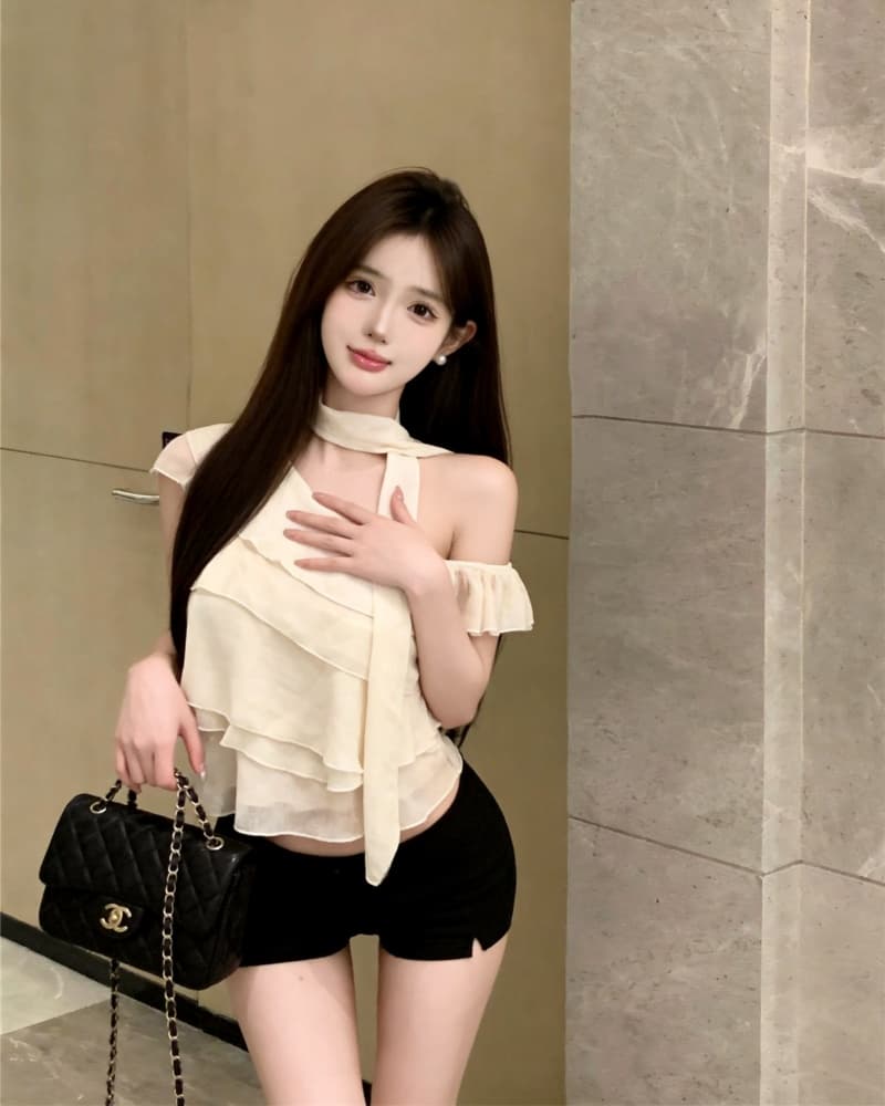 실사 새로운 부드러운 살구 색상 프릴 비스듬한 어깨 쉬폰 톱 여성 경기 리본 상세 이미지 11