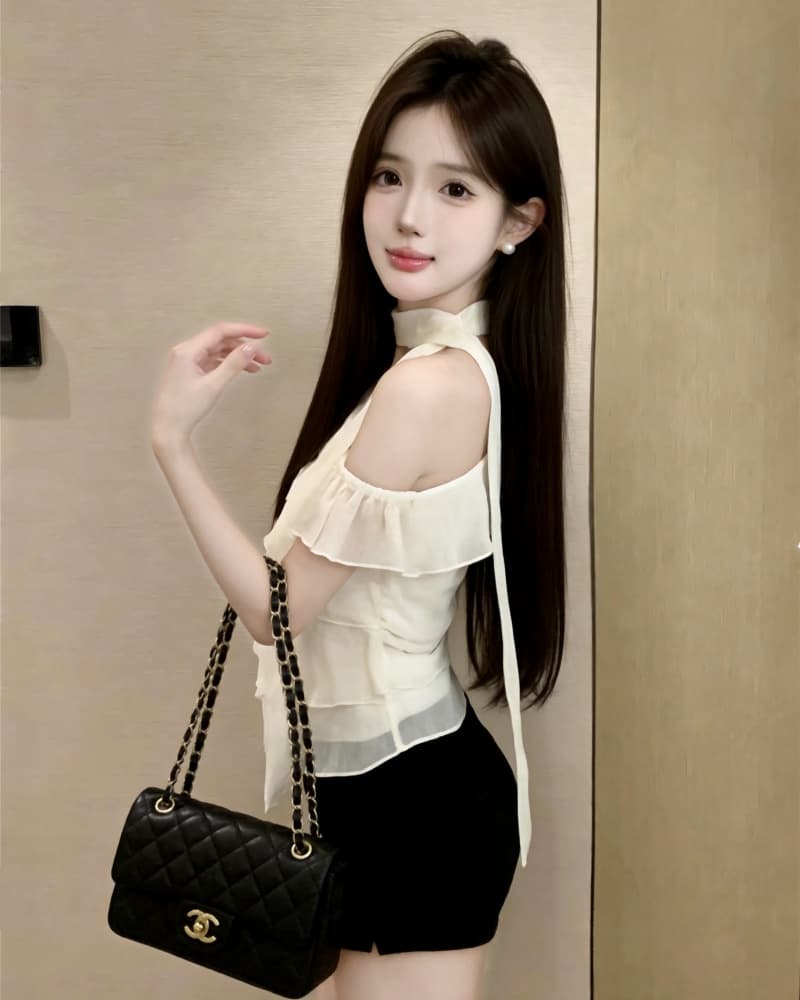 실사 새로운 부드러운 살구 색상 프릴 비스듬한 어깨 쉬폰 톱 여성 경기 리본 상세 이미지 16