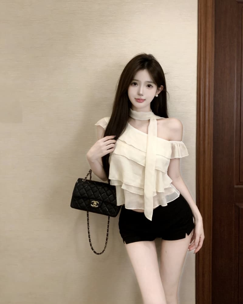 실사 새로운 부드러운 살구 색상 프릴 비스듬한 어깨 쉬폰 톱 여성 경기 리본 상세 이미지 17