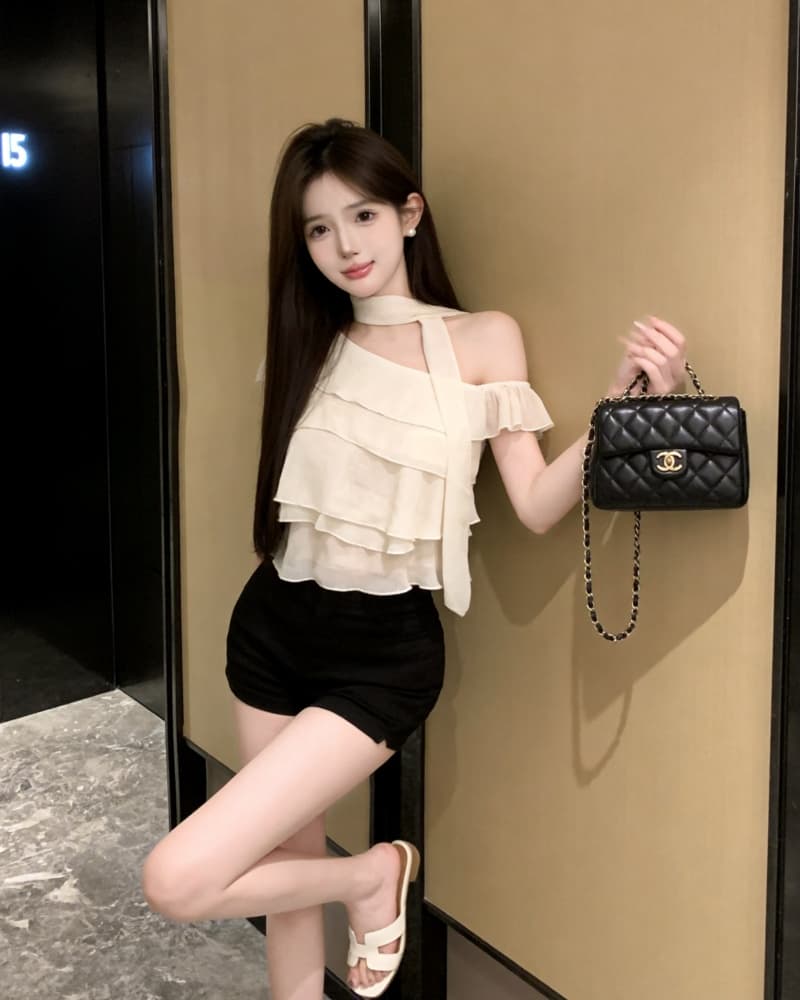실사 새로운 부드러운 살구 색상 프릴 비스듬한 어깨 쉬폰 톱 여성 경기 리본 상세 이미지 18