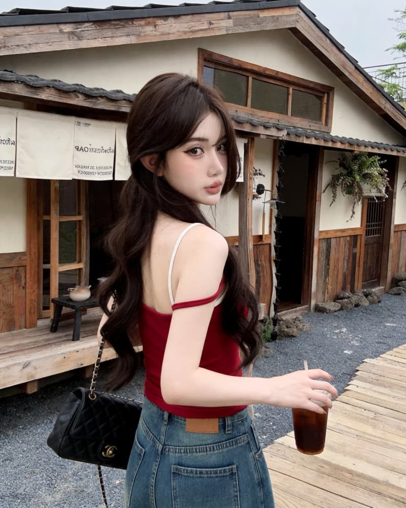 실사 새로운 섹시함 배색 알파벳 페이크 레이어드 캐미솔 벨트 가슴 패드 이미지 4