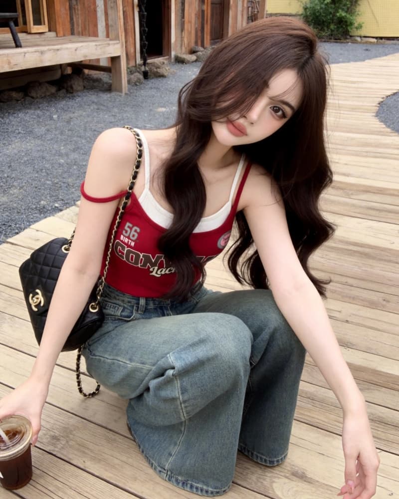 실사 새로운 섹시함 배색 알파벳 페이크 레이어드 캐미솔 벨트 가슴 패드 상세 이미지 12