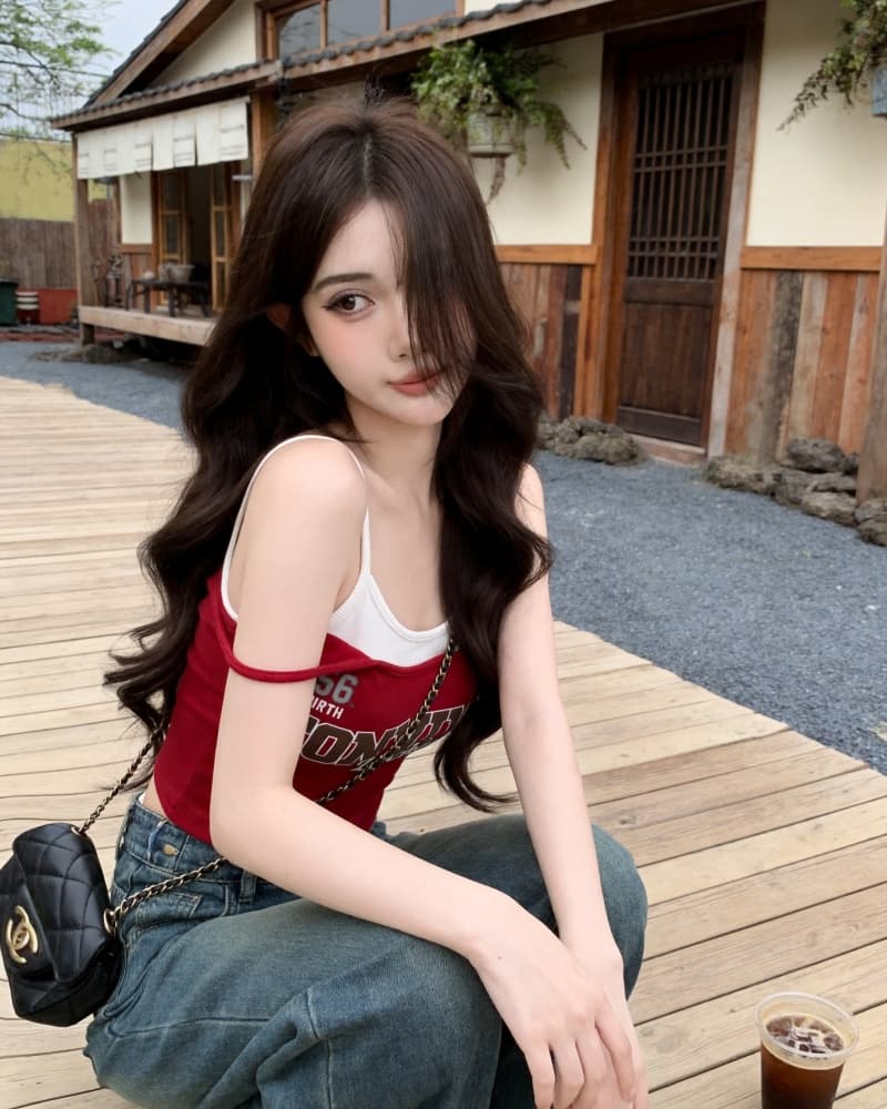 실사 새로운 섹시함 배색 알파벳 페이크 레이어드 캐미솔 벨트 가슴 패드 상세 이미지 13
