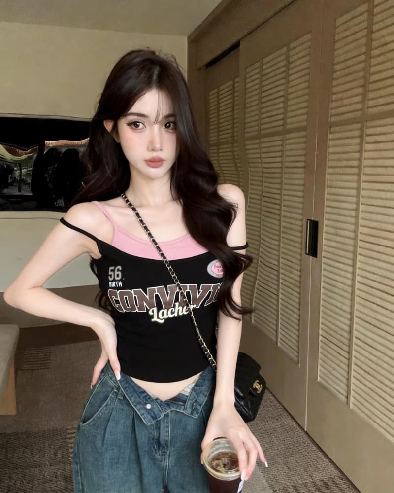 실사 새로운 섹시함 배색 알파벳 페이크 레이어드 캐미솔 벨트 가슴 패드 상세 이미지 37