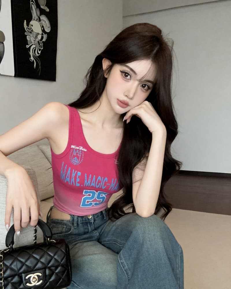 실사 새로운 핫걸 레트로 알파벳 프린트 그라데이션 색상 운동 조끼 여성 상세 이미지 2