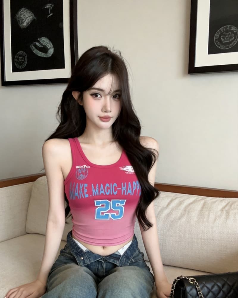 실사 새로운 핫걸 레트로 알파벳 프린트 그라데이션 색상 운동 조끼 여성 상세 이미지 4