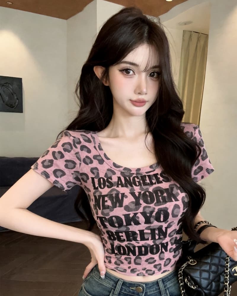 실사 새로운 레트로 u 칼라 레오파드 무늬 알파벳 프린트 리브 면 반팔 티셔츠 여성 벨트 어깨 패드 이미지 2
