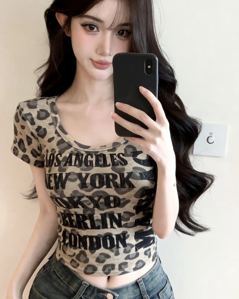 실사 새로운 레트로 u 칼라 레오파드 무늬 알파벳 프린트 리브 면 반팔 티셔츠 여성 벨트 어깨 패드 상세 이미지 12