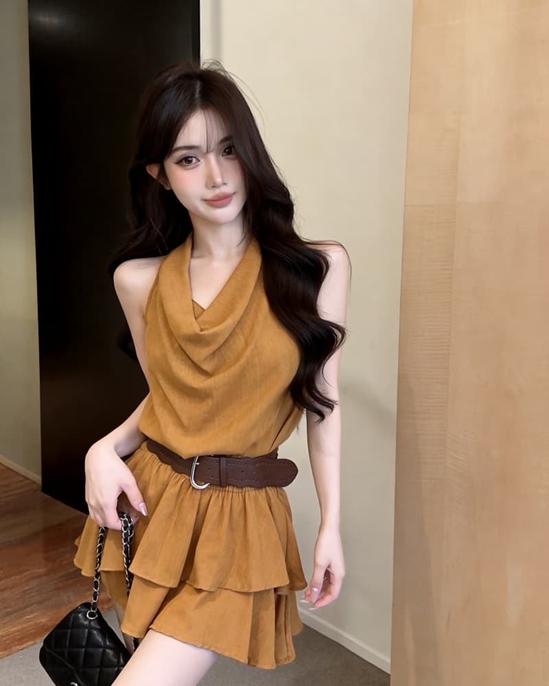 실사 새로운 섹시함 오프숄더 행침 목 흔들다 칼라 프릴 불규칙 여성 드레스 벨트 포함 이미지 3