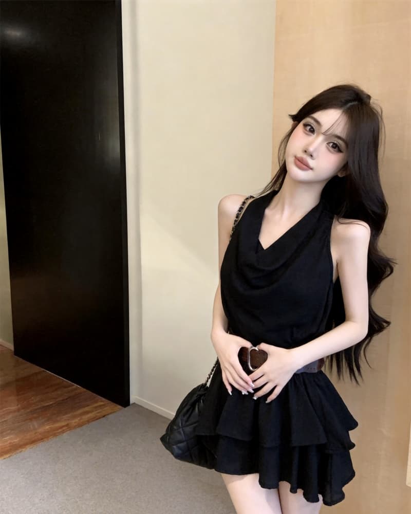 실사 새로운 섹시함 오프숄더 행침 목 흔들다 칼라 프릴 불규칙 여성 드레스 벨트 포함 이미지 4