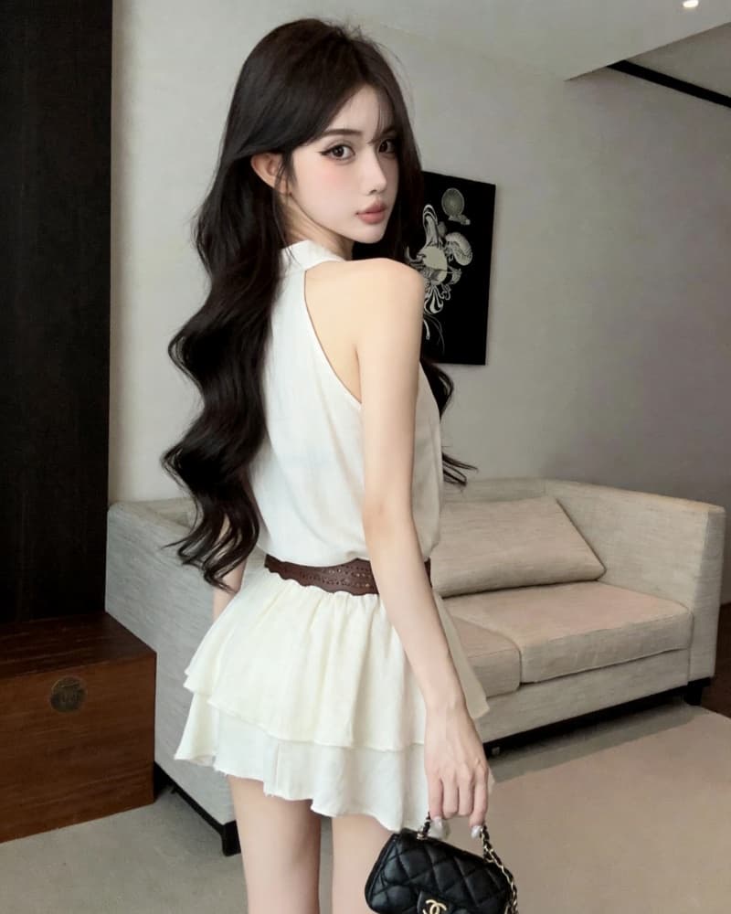 실사 새로운 섹시함 오프숄더 행침 목 흔들다 칼라 프릴 불규칙 여성 드레스 벨트 포함 이미지 5