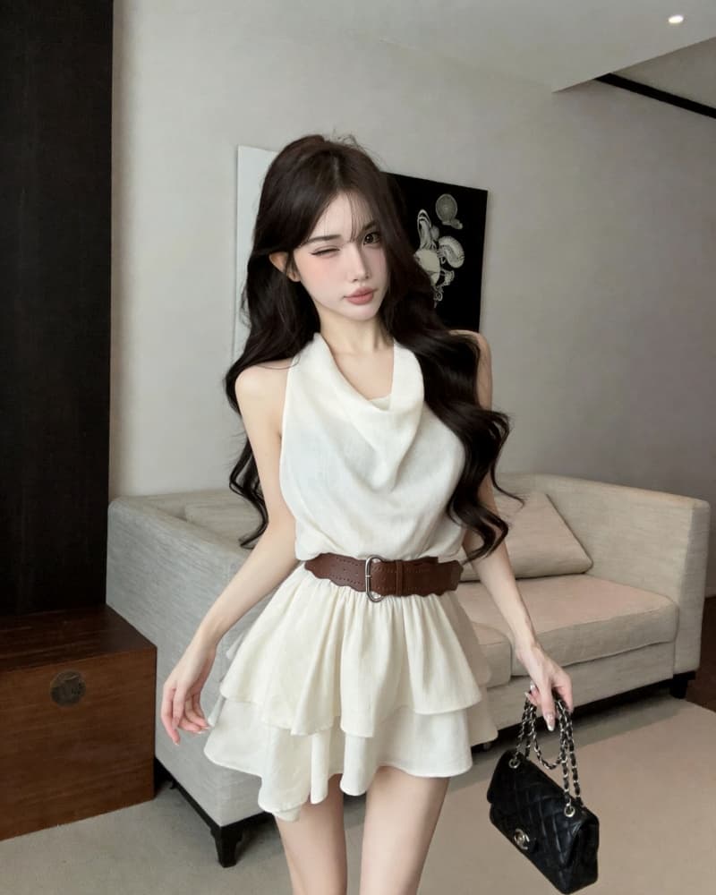 실사 새로운 섹시함 오프숄더 행침 목 흔들다 칼라 프릴 불규칙 여성 드레스 벨트 포함 상세 이미지 3