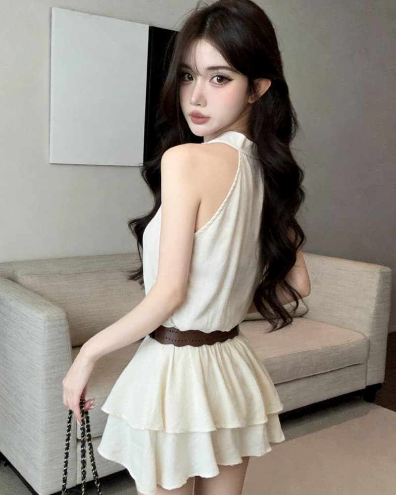 실사 새로운 섹시함 오프숄더 행침 목 흔들다 칼라 프릴 불규칙 여성 드레스 벨트 포함 상세 이미지 4