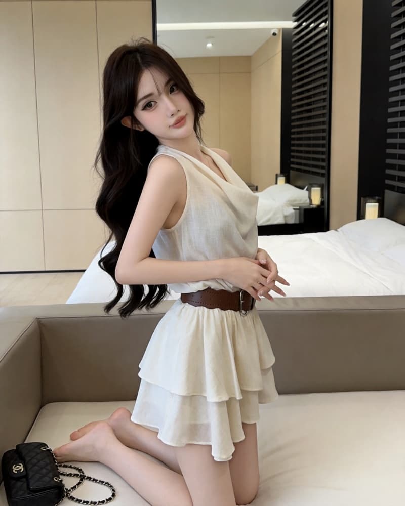 실사 새로운 섹시함 오프숄더 행침 목 흔들다 칼라 프릴 불규칙 여성 드레스 벨트 포함 상세 이미지 10