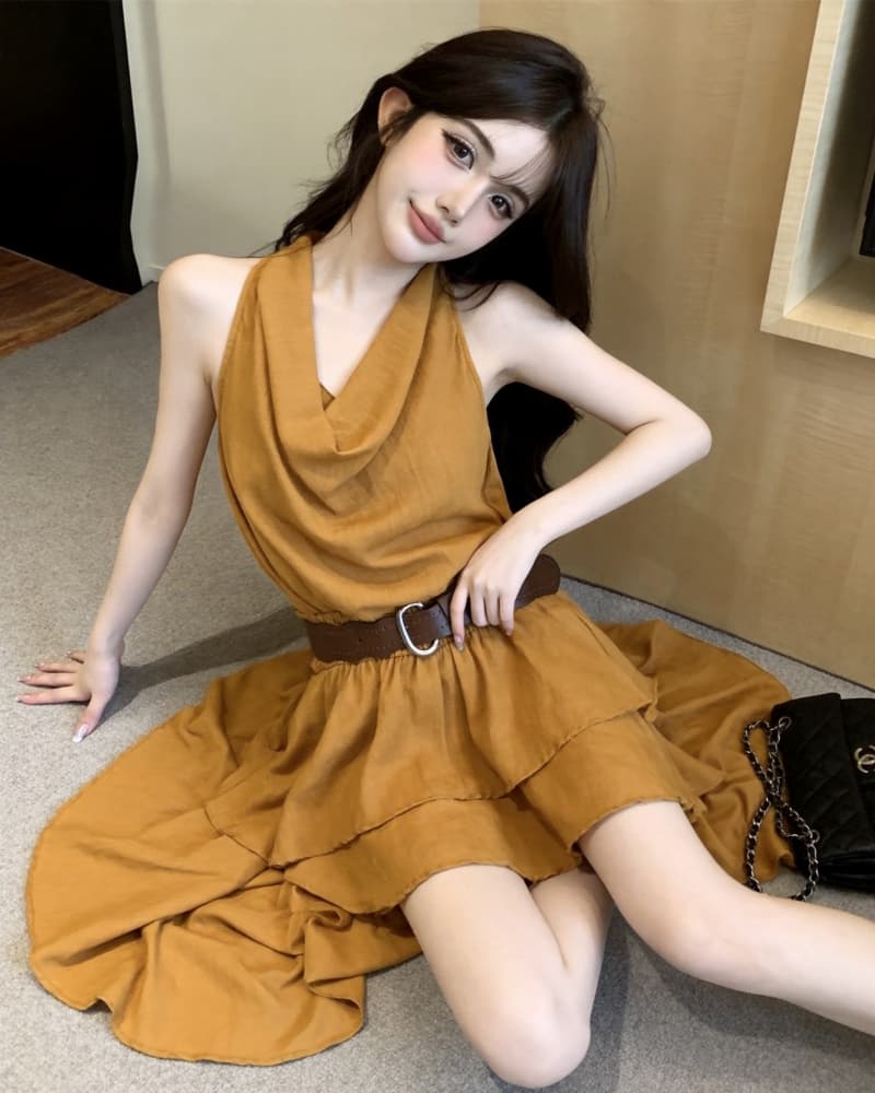 실사 새로운 섹시함 오프숄더 행침 목 흔들다 칼라 프릴 불규칙 여성 드레스 벨트 포함 상세 이미지 13