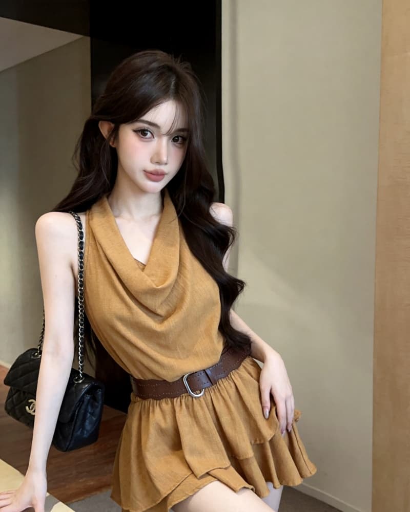 실사 새로운 섹시함 오프숄더 행침 목 흔들다 칼라 프릴 불규칙 여성 드레스 벨트 포함 상세 이미지 15