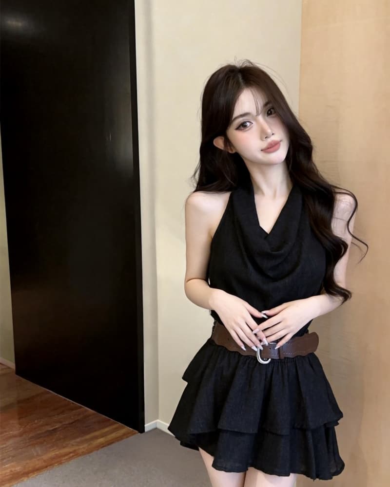 실사 새로운 섹시함 오프숄더 행침 목 흔들다 칼라 프릴 불규칙 여성 드레스 벨트 포함 상세 이미지 18
