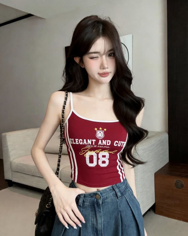 실사 새로운 슈퍼 핫걸 패션 배색 알파벳 프린트 순면 캐미솔 있음 가슴 패드 상세 이미지 12