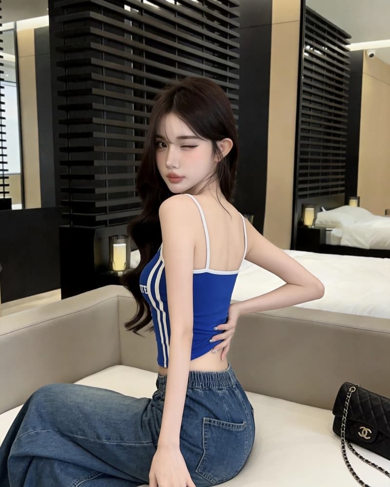 실사 새로운 슈퍼 핫걸 패션 배색 알파벳 프린트 순면 캐미솔 있음 가슴 패드 상세 이미지 21